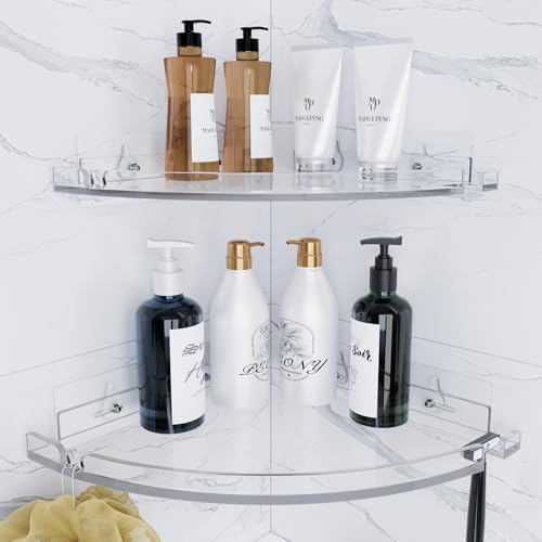 Acrylic Corner Shower Shelves, Adhesive Shower Caddy Organizer for Bathroom Storage Home Decor, Clear Rustproof No Drilling Wall Shelf, 2-Pack by YAWSOUP