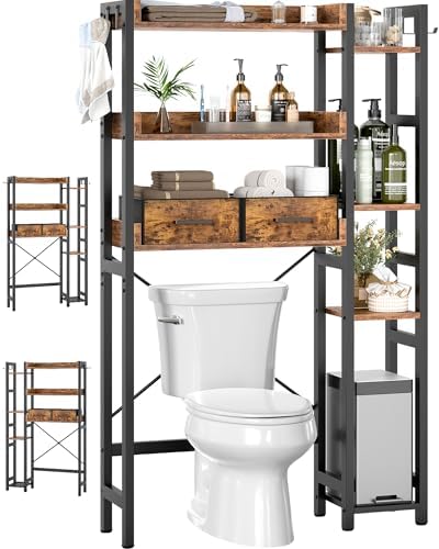 Besiost Over The Toilet Storage, 7 Tier Bathroom Organizer with Reversible Side Shelf and 2 Fabric Drawers, Adjustable Freestanding Rack Space Saver for Small Spaces, Rustic Brown by Besiost