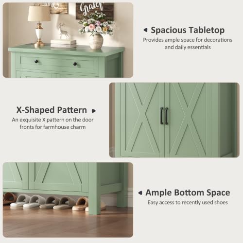 Farmhouse Shoe Storage Cabinet, 5-Tier High Boots Organizer with Adjustable Shelves, Large Drawer & Barn Doors, Entryway Shoe Rack for Hallway Living Room, Green - Image 6