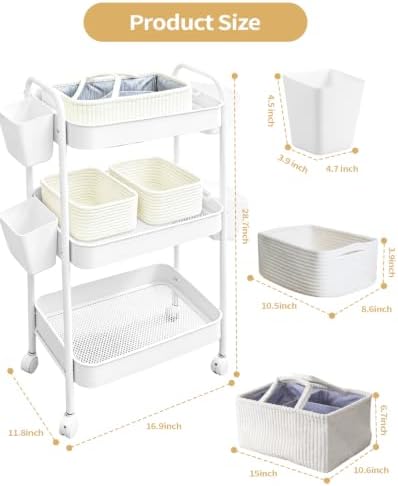3 Tier Rolling Cart Organizer with Wheels, Metal Utility Storage Cart for Nursery, Bathroom, Kitchen, Craft Room & Laundry Room, Includes Hanging Baskets and Rope Storage Bin, White - Image 2