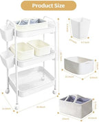 3 Tier Rolling Cart Organizer with Wheels, Metal Utility Storage Cart for Nursery, Bathroom, Kitchen, Craft Room & Laundry Room, Includes Hanging Baskets and Rope Storage Bin, White - Image 2