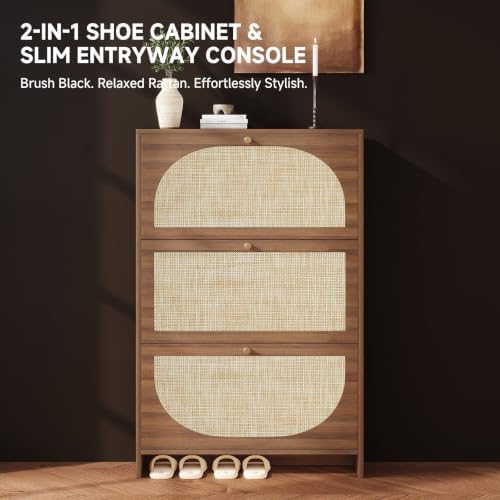 Nicetree Shoe Storage Cabinet for Entryway, Slim Arched Rattan Accent Shoe Cabinet with 3 Flip Drawers & 3-Tier Adjustable Shelves, Modern Boho Shoe Storage Cabinet, Narrow Shoe Rack for Small Spaces - Image 3