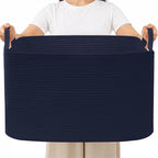 96L Woven Laundry Basket with Handles, Extra Blanket Basket,Navy by HZFTJOY
