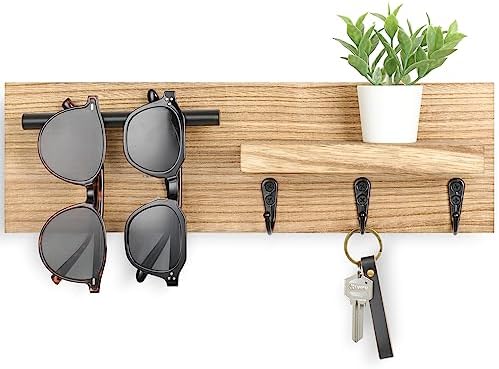 Key Holder for Wall, Decorative Entryway Shelf with Hooks Holds Keys, Dog Leash, Sunglasses – Key Hanger with 3 Hooks Organizes, Enhances Home Decor (15” x 4.5” x 2.6”) (Wood) by Lucundm