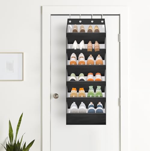 AOODA Clear Over The Door Shoe Organizer Storage Holds 12 Pairs, Narrow Door Hanging Shoe Rack for Closet, Deep Pockets Shoe Holder Hanger for Sneakers, Boots (Black) - Image 5
