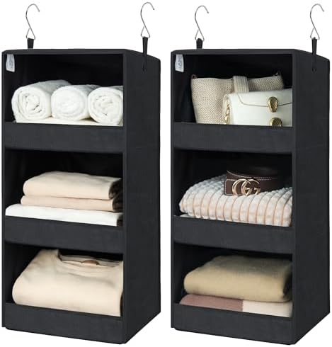 GRANNY SAYS 3-Shelf Hanging Closet Organizer, Foldable Storage, Black | 33 lb Capacity, No-Sag Support, Keeps Clothes Neat, Folds Flat, Fits RV, Dorm & Small Closets, 2 Pack by GRANNYSAYS