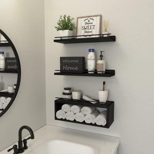 WOPITUES Floating Shelves for Wall with Cube Shelf, Wall Shelves with Metal Rail for Bathroom Decor, Bathroom Organizers and Storage, Over Toilet Shelves for Toilet Paper-Black (Pack of 2) - Image 6