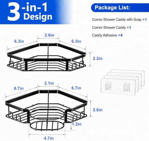 Corner Shower Caddy, Rustproof Shower Organizer with Soap Holder and 8 Hooks, No Drilling Adhesive Shower Shelves for Inside Shower, Large Capacity Shower Rack for Bathroom Shower Storage, X-Large - Image 2