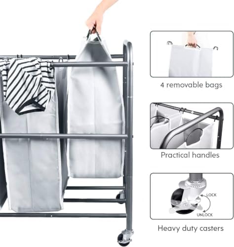 ROMOON Laundry Hamper Sorter Cart, 4-Section Organizer with Lockable Wheels - Image 3