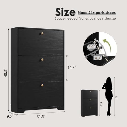 Nicetree Shoe Cabinet with 3 Flip Drawers, Entryway Shoes Organizer, Black - Image 2