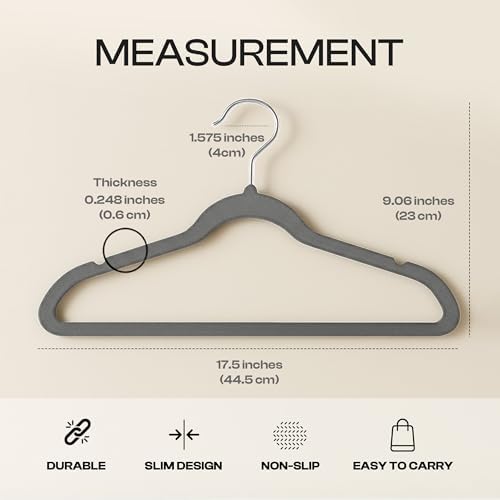 Utopia Home Velvet Hangers, Grey, 50 Pack | Luxury Non-Slip Slim Pant & Coat Hangers | Strong Space-Saving Clothes Hangers | 360° Swivel Hook - Image 2