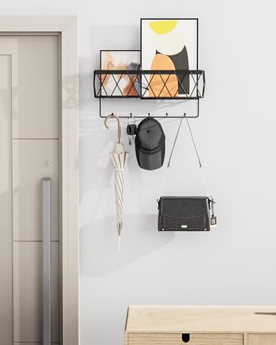 Key Holder Wall Mount Adhesive- Key and Mail Holder for Wall with 5 Hooks, Wall Mounted Mail Organizer and Key Rack, Modern Basket Key Hanger for Entryway, Home, Living Room Wall Decor, Black - Image 2