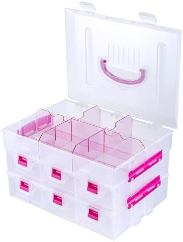 MyGift 11 Inch Clear Arts and Crafts Stackable Container, Sewing Supplies Storage Organizer Case with Pink Accents, 24 Customizable Compartments, and 6 Drawers with Removable Dividers - Image 7