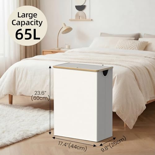 efluky Slim Laundry Basket with Lid, Narrow Laundry Hamper with Removable Bag, Skinny Dirty Clothes Basket with Bamboo Handles for Bathroom, Bedroom & Laundry Room, 65L Beige - Image 3