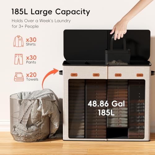 Laundry Hamper 4-Section with Lid, 185L Laundry Sorter with 4 Removable Bags + 1 Extra Large Bag, Switchable 3/4 Compartment, Laundry Basket Organizer for Bedroom, Laundry Room，Beige - Image 3