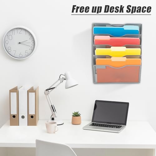 EASEPRES 5 Pocket Mesh Hanging Wall File Organizer, Wall Mounted Mail Paper Document Folder Holder, Clipboard Storage Organization Magazine Rack with Nametag Label for Office Home School, Gray - Image 5