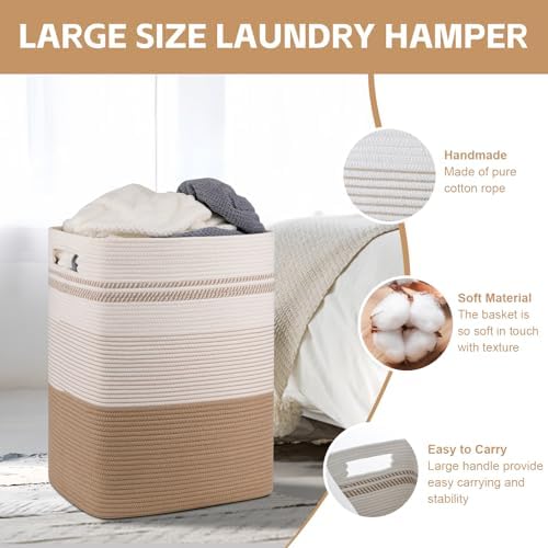 80L Large Cotton Rope Laundry Basket for Bedroom & Laundry Room, Tall Clothes Hamper with Sturdy Handles, Neutral Storage Bin Capable of Holding Blankets and Toys - Image 4