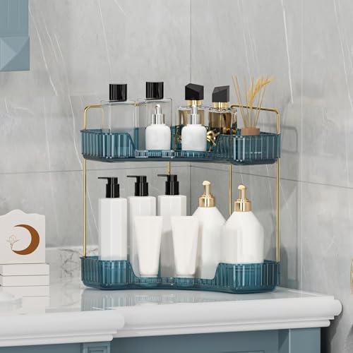 Corner Bathroom Counter Organizer Bathroom Countertop Shelf Makeup Organizer for Vanity Perfume Tray for Corner Storage (2 Tiers, Blue) - Image 5