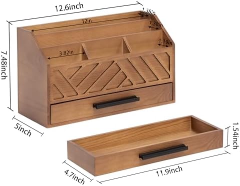 dreampossible Brown Wood Desk Organizer and Accessories with Drawer, Bill Mail Organizer and File Mail Holder for Office Supplies, Modern Desk Accessories & Workspace Organizers for Desk Organization - Image 4