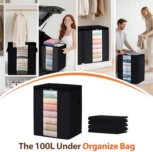 SpaceWhisper 4 Pack 100L Clothes Storage, Foldable Storage Bags, Black | Thick Fabric, Clear Window, with Reinforced Handle, for Clothing, Blanket, Comforters, Bedding Organizing - Image 6