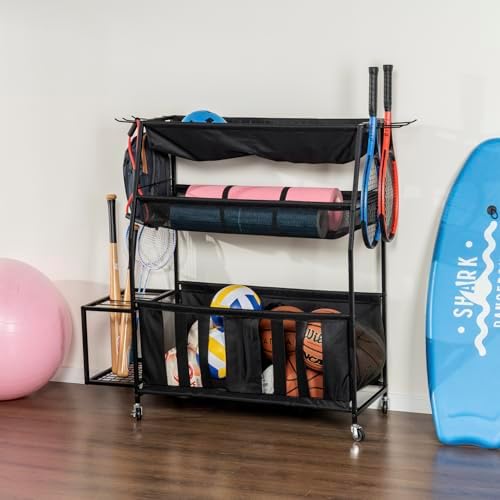 MyGift 3 Tier Sports Equipment Organizer Rolling Ball Storage Rack w/Hooks - Image 7