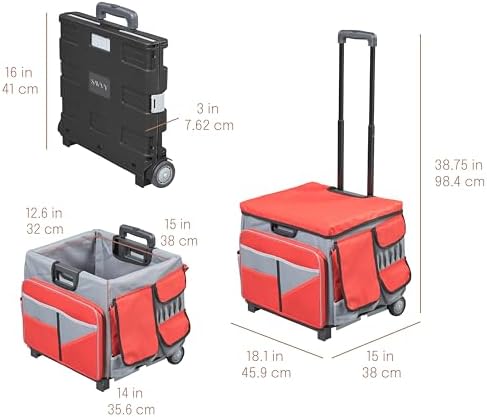 Folding Mobile Utility Cart, Canvas Organizer Bag, Red/Grey - Image 2