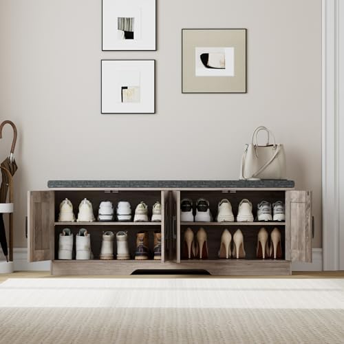 HOMSHO Farmhouse Shoe Storage Bench with 4 Barn Doors & Padded Seat Cushion - Image 4
