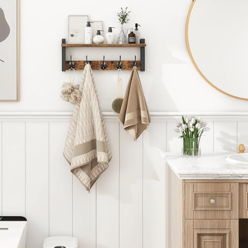 Homode Wall Hooks with Shelf, Wood Coat Rack with Shelf Wall-Mounted, Entryway Hanging Shelves with 5 Metal Hooks for Clothes Hats Towel Purse Robes, Bathroom Mudroom Bedroom, Rustic Brown Black - Image 3