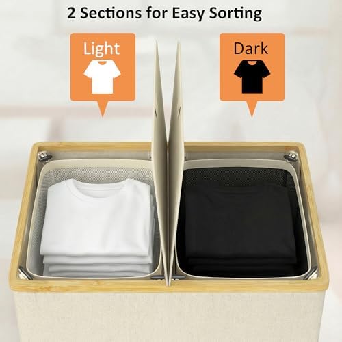 efluky Double Laundry Hamper with Lid and 2 Removable Bags, Beige - Image 3