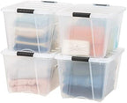 IRIS USA 51 L (54 QT) Plastic Storage Box with Lid and Latches - 4 Pack - BPA-Free, See-Through Organizing Solution, Durable Nestable Stackable Containers, Secure Pull Handle - Clear by IRISUSA