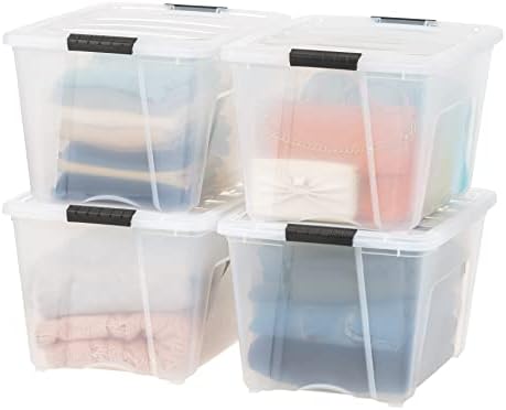 IRIS USA 51 L (54 QT) Plastic Storage Box with Lid and Latches - 4 Pack - BPA-Free, See-Through Organizing Solution, Durable Nestable Stackable Containers, Secure Pull Handle - Clear by IRISUSA
