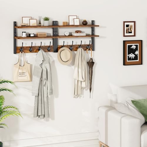 Double Shelf Coat Rack Wall Mount with 8 Hooks, Rustic Brown HWS009H-2 - Image 5