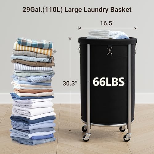 ELYKEN Laundry Basket with Wheels, Round Rolling Laundry Hamper, Black - Image 3