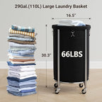ELYKEN Laundry Basket with Wheels, Round Rolling Laundry Hamper, Black - Image 3