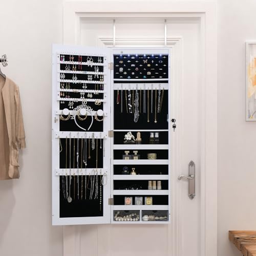 LED Jewelry Cabinet Armoire Organizer,Wall/Door Mount Jewelry Organizer and Storage with Full-Length Mirror Hanging Jewelry Organizer Full Length Mirror with Storage Large Capacity White - Image 4