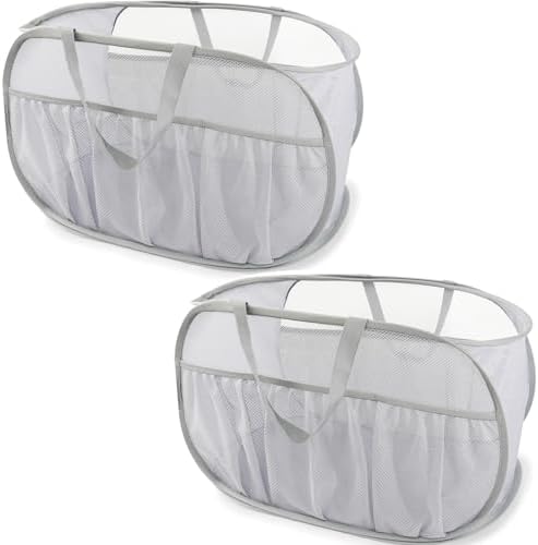 2 Pack Collapsible Laundry Baskets, Upgrade Pop Up Laundry Hamper with Convenient Bags, Foldable Laundry Basket Mesh Light Weight, Easy to Carry Clothes Hampers for Laundry, Dorm, Toys, Travel Grey by BATTOO