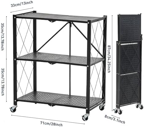 BRIAN & DANY 3-Tier Foldable Storage Shelves with Wheels, No Assembly Folding Shelf Metal Rack, Shelving Unit for Kitchen, Garage, Black - Image 3