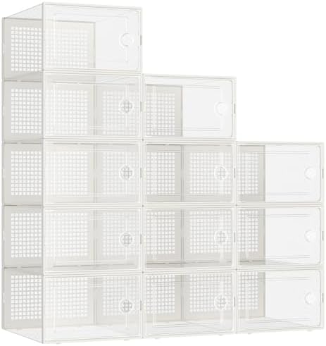 Kuject 12 Pack Large Shoe Boxes, Clear Stackable Containers with Lids,White by Kuject