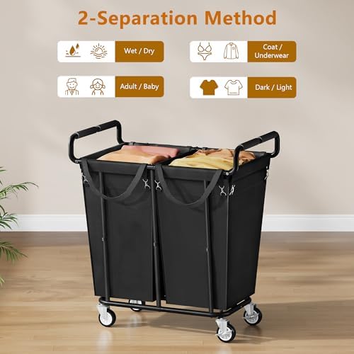 Gewudraw 2 Bag Laundry Hamper with Wheels Medium Size, 250L, Black - Image 2