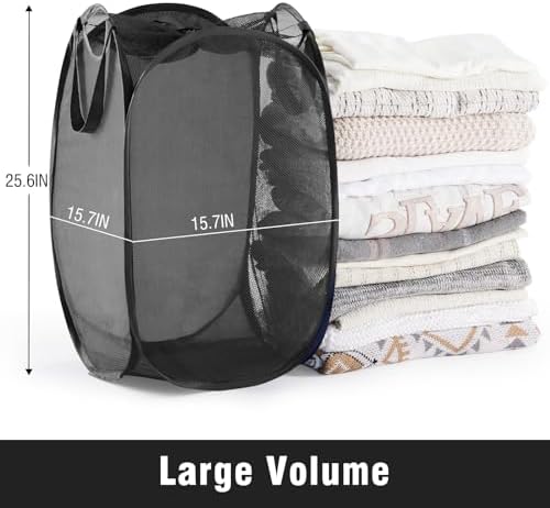 TECHMILLY Collapsible Mesh Pop Up Laundry Hamper with Sturdy Handles and Side Pocket - Portable Foldable Clothes Baskets for Dorm, Bathroom & Travel Storage (with Drawstring, Black) - Image 3