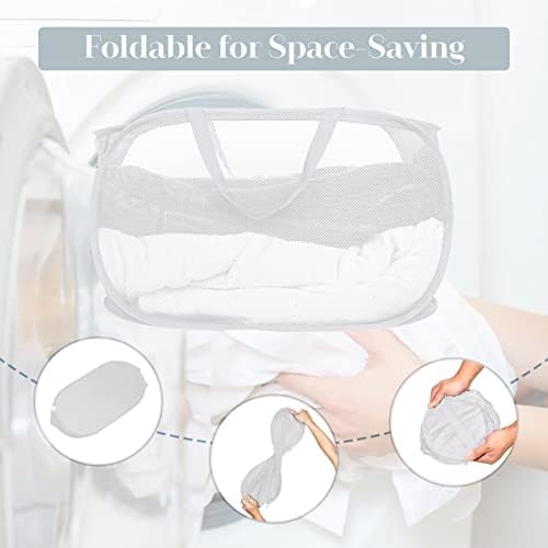 Strong Mesh Pop Up Laundry Basket, Collapsible Laundry Hamper with Side Pocket, Foldable Clothes Hamper with Durable Reinforced Handles for Laundry, Bathroom, Kids Room, Dorm or Travel 2 Pack White - Image 6