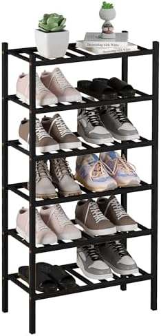 ROMGUAR CRAFT 6-Tier Bamboo Small Shoe Rack, Free Standing Wood Shoe Shelf Storage Organizer for Closet Entryway Stackable (Black) by ROMGUAR+CRAFT