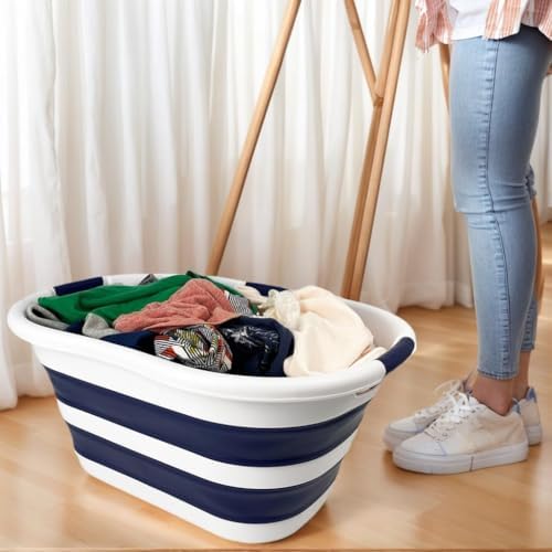 SAMMART 40L (10.5 gallon) Collapsible Plastic Laundry Hamper - Foldable Pop Up Storage Container/Organizer - Portable Washing Tub - Space Saving Basket (1, White/Starry Blue) - Image 3