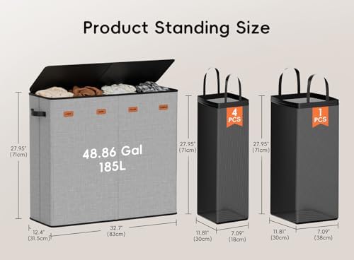 Laundry Hamper 4-Section with Lid, 185L Laundry Sorter with 4 Removable Bags + 1 Extra Large Bag, Switchable 3/4 Compartment, Laundry Basket Organizer for Bedroom, Laundry Room，Grey - Image 6
