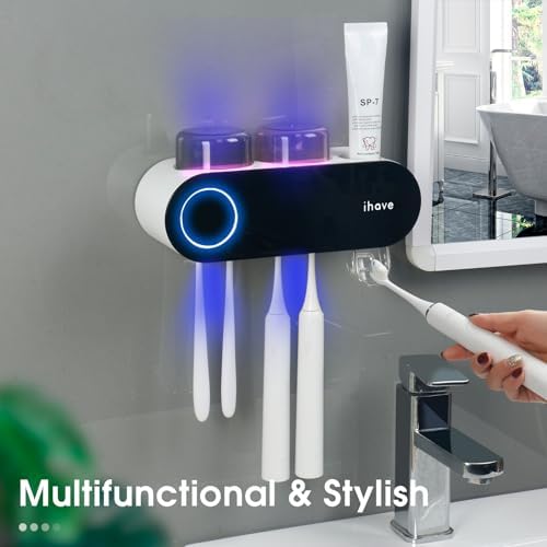 iHave UV Toothbrush Sanitizer Holder Wall Mount Toothpaste Dispenser, 2-Cup - Image 3