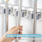 White Broom Holder Wall Mount - Heavy Duty Wood Mop and Broom Organizer with 5 Slots & 4 Hooks - Garden Tool Hanger for Laundry Room Closet Kitchen Garage Storage and Organization - Modern Home Decor - Image 3