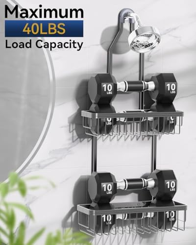 YASONIC Never Rust Shower Caddy Hanging, Aluminum Shower Racks for Inside Shower, 2-Tier Shower Organizer Hanging Over Shower Head with Hooks and Soap Holder, Grey - Image 5