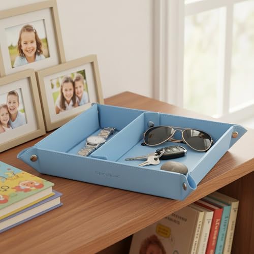UnionBasic Medium Jewelry Tray for Rings Watches Earrings, Entryway Catchall Caddy for Coins Keys Change, Nightstand Bedside Valet Holder, Trays for Electronic Gadgets, Blue Plus - Image 3