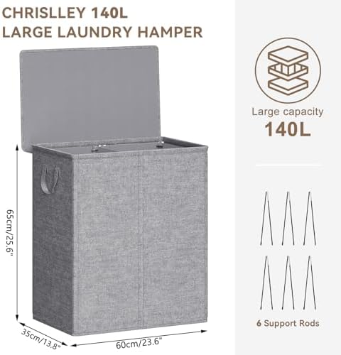 Chrislley Double Laundry Hamper with Lid, 140L Laundry Basket 2 Section - Image 2