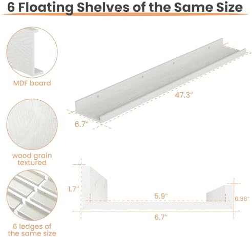 upsimples Floating Shelves for Wall Decor and Storage, White, 6Pcs 47.3'' - Image 2